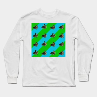 Baby Ducks on Grass Green and Sky Blue Pattern Long Sleeve T-Shirt